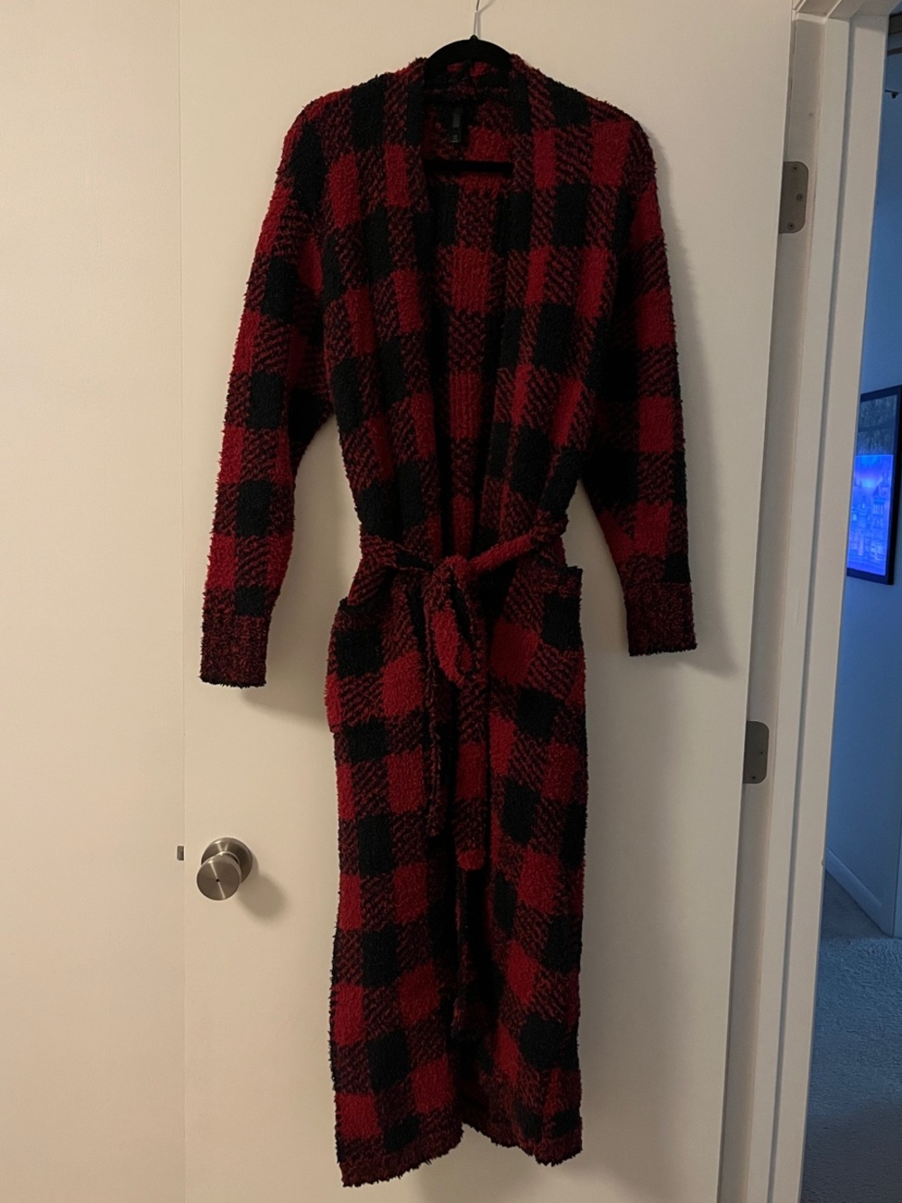 SKIMS Red and Black Buffalo Plaid Long Women's Robe